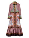 La Doublej Long-sleeved Patterned Silk Midi Day Dress In Pink