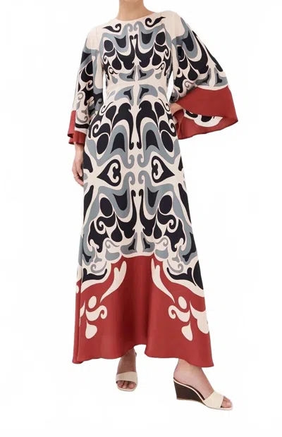 La Doublej Multicolor Long Dress With Round Neck And All Over Motif In Silk Woman