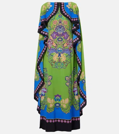 La Doublej Magic Printed Caped Silk Maxi Dress In Green