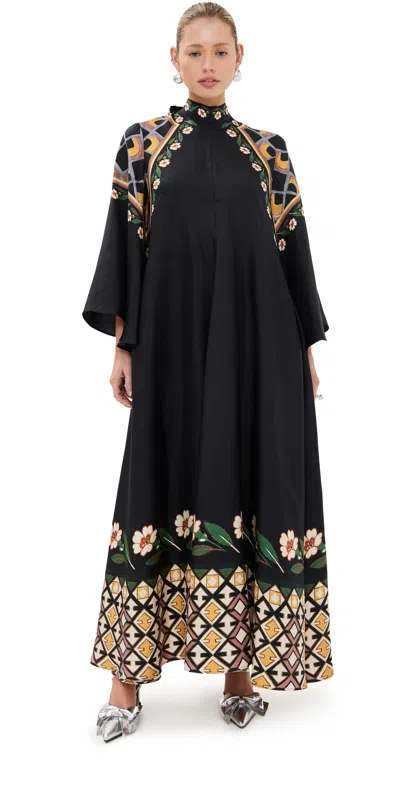 La Doublej Magnifico Tie-neck Printed Silk-twill Maxi Dress In Black