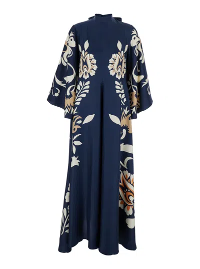 LA DOUBLEJ MULTICOLOR LONG DRESS WITH V-NECK AND FLORAL MOTIF IN SILK WOMAN