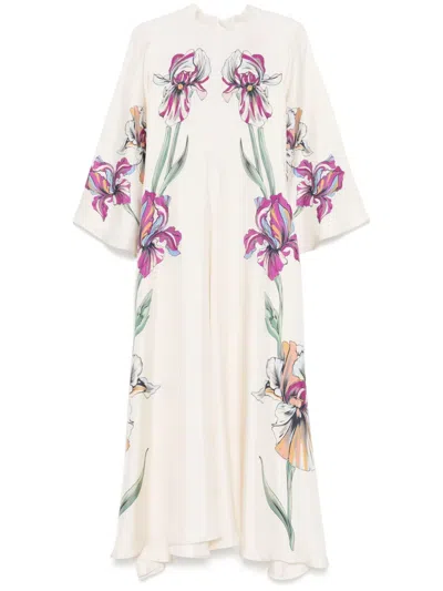 La Doublej 'magnifico' White Crewneck Long Dress With Rear Tie Closure And All-over Floral Print In Iris Placée Ivory