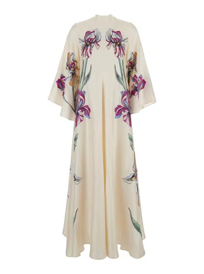 La Doublej 'magnifico' White Crewneck Long Dress With Rear Tie Closure And All-over Floral Print