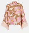 La Doublej Make An Exit Feather-trimmed Silk Top In Sylph Khaki