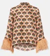 La Doublej Make An Exit Feather-trimmed Printed Silk-twill Top In Orange
