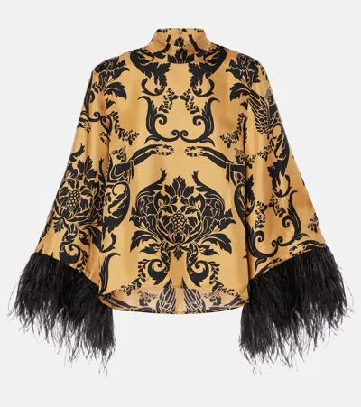 LA DOUBLEJ MAKE AN EXIT FEATHER-TRIMMED SILK TWILL TOP