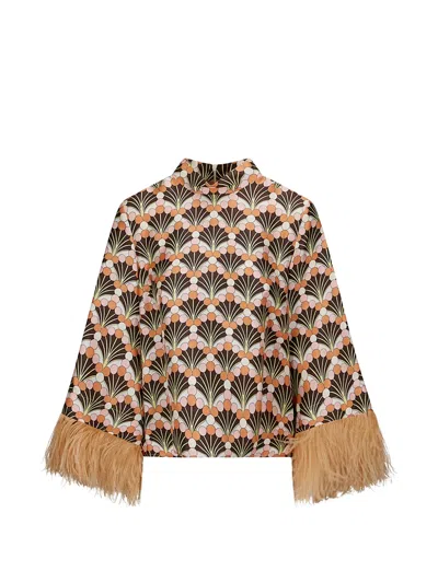 La Doublej Make An Exit Feather-trim Blouse In Brown