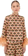 La Doublej Make An Exit Feather-trimmed Printed Silk-twill Top In Orange