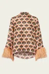 La Doublej Make An Exit Feather-trimmed Printed Silk-twill Top In Orange