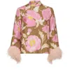 La Doublej Make An Exit Feather-trimmed Silk Top In Sylph Khaki