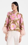 La Doublej Make An Exit Feather-trimmed Silk Top In Sylph Khaki