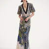 La Doublej Marlene Multicolor Long Flared Dress With V Neck And All-over Graphic Print In Silk Woman In Chakra Placée Multicolor