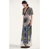 La Doublej Marlene Multicolor Long Flared Dress With V Neck And All-over Graphic Print In Silk Woman