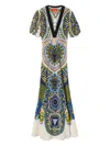 La Doublej Marlene Multicolor Long Flared Dress With V Neck And All-over Graphic Print In Silk Woman In Nude