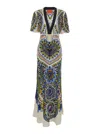La Doublej Marlene Multicolor Long Flared Dress With V Neck And All-over Graphic Print In Silk Woman