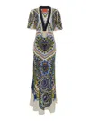 La Doublej Marlene Multicolor Long Flared Dress With V Neck And All-over Graphic Print In Silk Woman