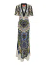 La Doublej Marlene Multicolor Long Flared Dress With V Neck And All-over Graphic Print In Silk Woman