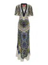 La Doublej Marlene Multicolor Long Flared Dress With V Neck And All-over Graphic Print In Silk Woman
