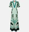 La Doublej Marlene Satin-trimmed Printed Silk-crepe Midi Dress In Blue