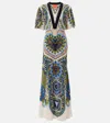 La Doublej Marlene Multicolor Long Flared Dress With V Neck And All-over Graphic Print In Silk Woman In Chakra Placée