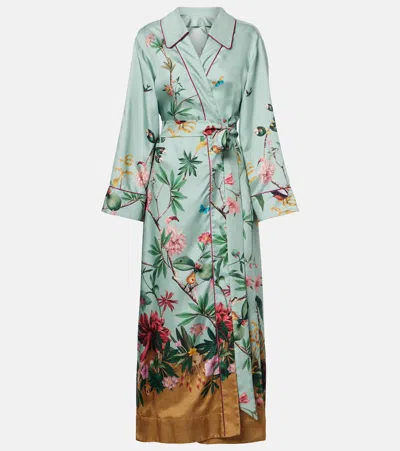 La Doublej Midnight Floral Silk Wrap Dress In Blue