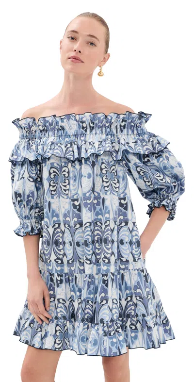 La Doublej Breakfast Off-the-shoulder Tiered Printed Cotton Midi Dress In Blue