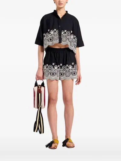 La Doublej Mini Foulard Sangallo-embroidered Cropped Shirt In Black