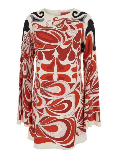 LA DOUBLEJ MULTICOLOR CREWNECK MINI DRESS WITH FLARED SLEEVES AND ALL-OVER GEOMETRIC MOTIF IN VISCOSE STRETCH W