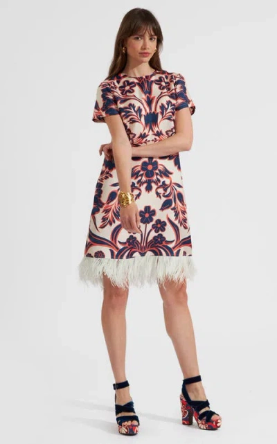 La Doublej Patterned Mini Swing Dress With Feather Trim In Va Va