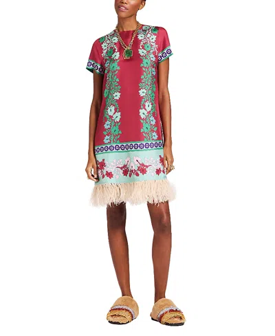 La Doublej Swing Feather-trimmed Printed Silk-twill Mini Dress In Pink