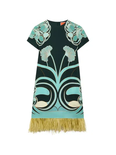 La Doublej La Double J Swing Feather-embellished Silk Midi Dress In Multi