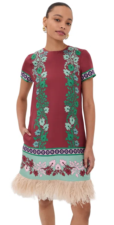 La Doublej Swing Feather-trimmed Printed Silk-twill Mini Dress In Pink