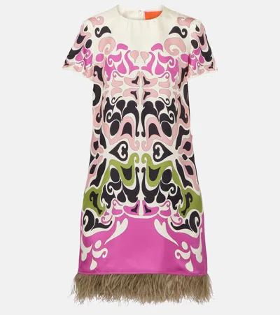 La Doublej Mini Swing Feather-trimmed Silk Minidress