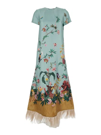 La Doublej Multicolor Long Dress With All-over Floral Motif And Ostrich Feathered Hem In Silk Woman In Green
