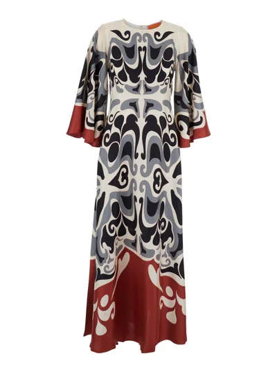 LA DOUBLEJ MULTICOLOR LONG DRESS WITH ROUND NECK AND ALL OVER MOTIF IN SILK WOMAN
