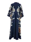 La Doublej Multicolor Long Dress With V-neck And Floral Motif In Silk Woman In Blue