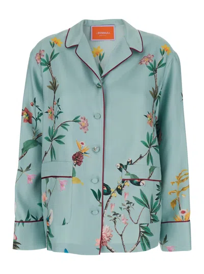 La Doublej Multicolor Shirt With Notched Collar And All-over Floral Motif In Silk Woman In Blue