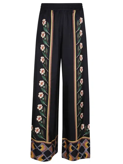La Doublej La Double J Wide-leg Multicolor Silk Trousers With Floral In Black