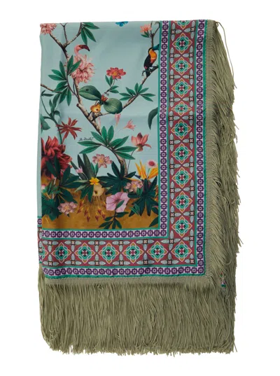La Doublej Multicolor Silk Scarf With Fringed Hem And All-over Floral Print Woman In Blue