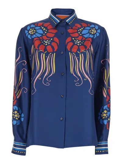 La Doublej Multicolor Silk Shirt With Classic Collar And All-over Print Woman In Blue