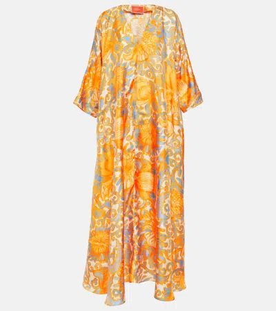 La Doublej Muumuu Floral Silk Twill Kaftan In Orange
