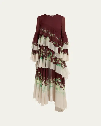 La Doublej Naiad Floral Tiered Long Cascading Dress In Bordeaux