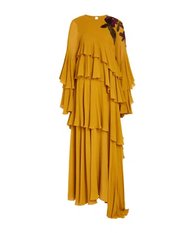 La Doublej Naiad Ruffled Embellished Silk-georgette Maxi Dress In Orange