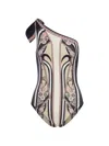 La Doublej One-shoulder Swimsuit With Ornamental Print In Brown