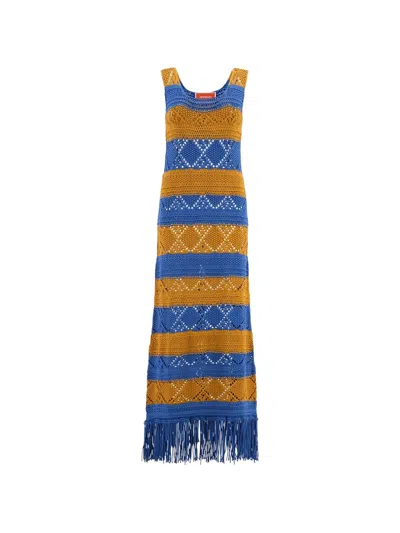 La Doublej Open Stitch Fringed Dress In Blue