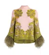 La Doublej Make An Exit Feather-trimmed Silk Twill Top In Multi