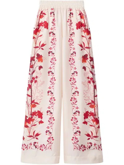 La Doublej La Double J Wide-leg Floral Print Silk Trousers In White