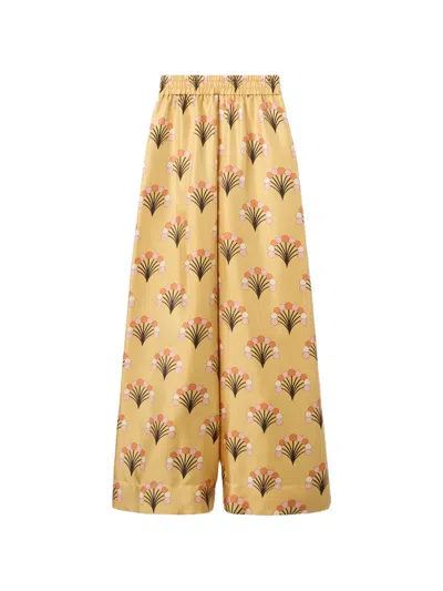 La Doublej Palazzo Printed Silk-twill Wide-leg Pants In Yellow
