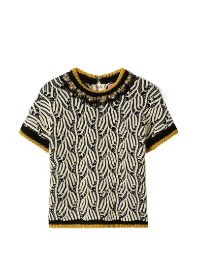 La Doublej Patterned Beaded Top In Blue