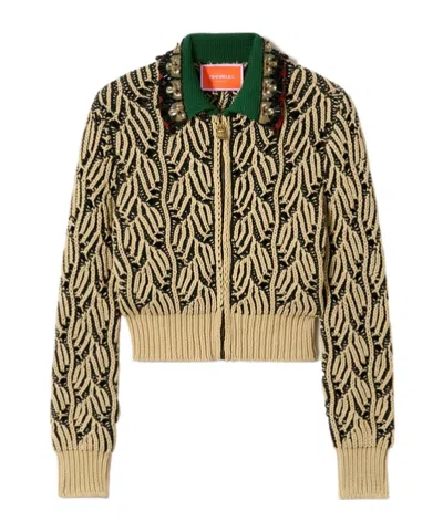 La Doublej Patterned Embellished Collar Cardigan In Brown